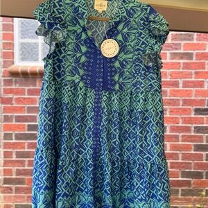 Umgee Teal & Blue Mixed Print Tiered Dress with Ruffle Sleeves